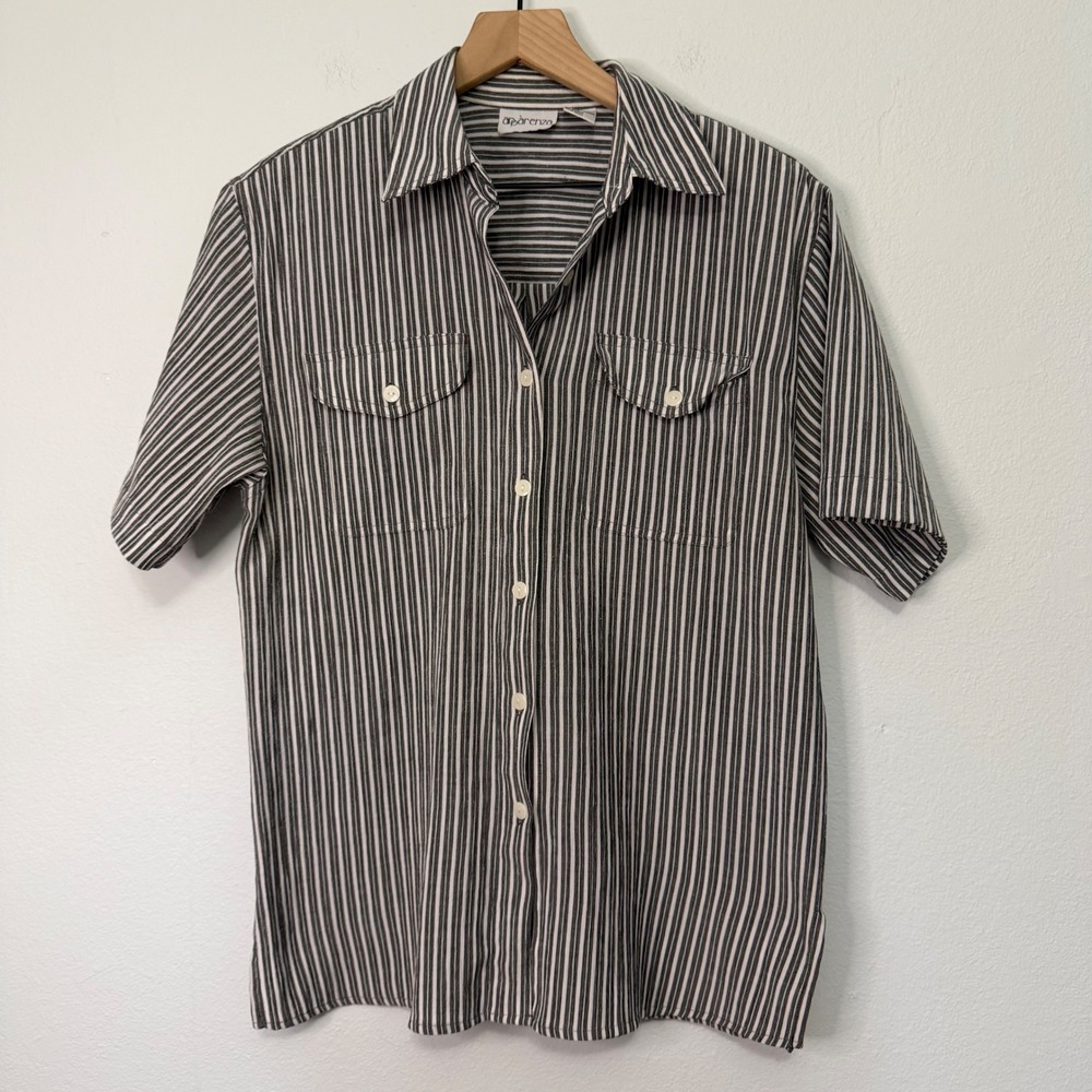 Vintage‎ - Striped Button Down Boxy Collar Shirt 1990's Style Size M